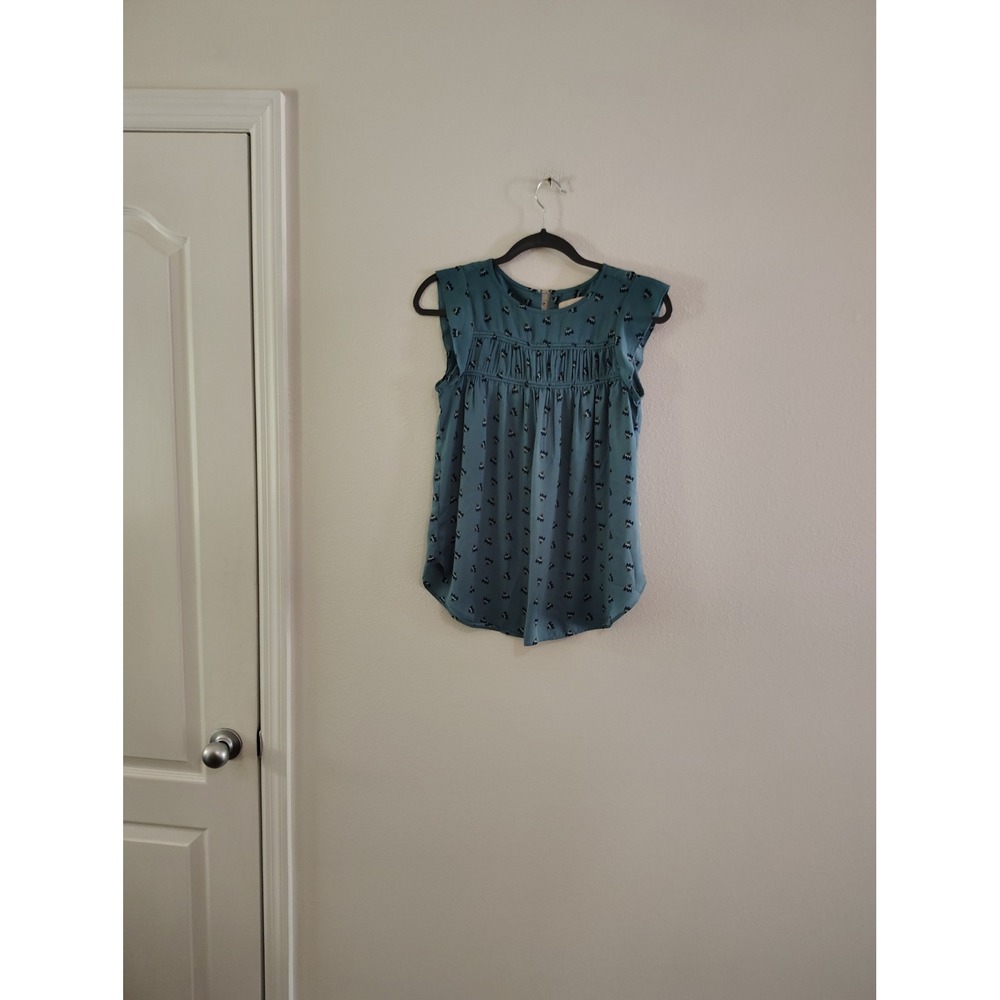 LOFT Ann Taylor Teal Blue Butterfly Print Smocked Sleeveless Blouse XS